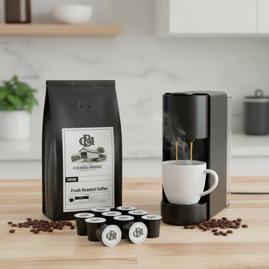 12-pack coffee capsule assortment with pouch, single-serve pods and machine