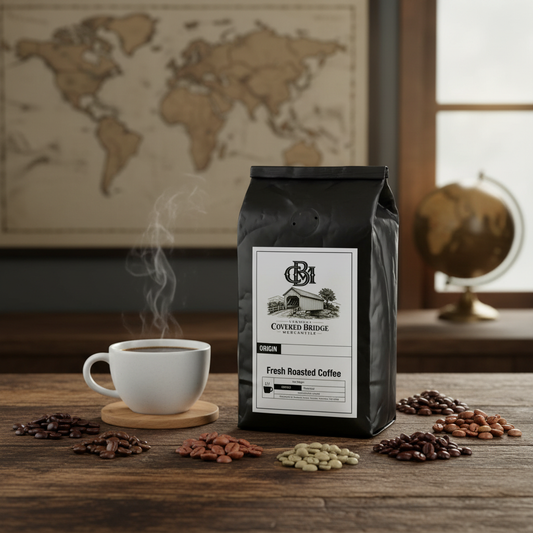 Coffee bag on table with scattered beans and white cup