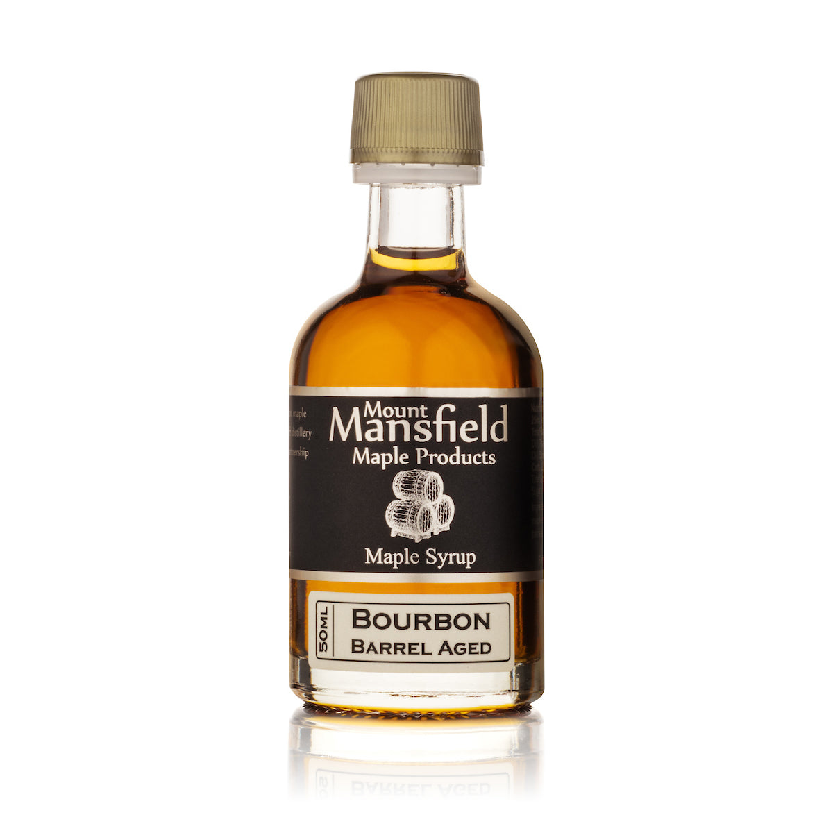 Bourbon barrel-aged maple syrup bottle, brown label, amber glass, beige cap