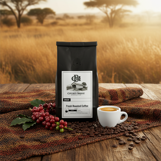 Fresh roasted coffee bag with Covered Bridge label, with coffee beans and a cup nearby