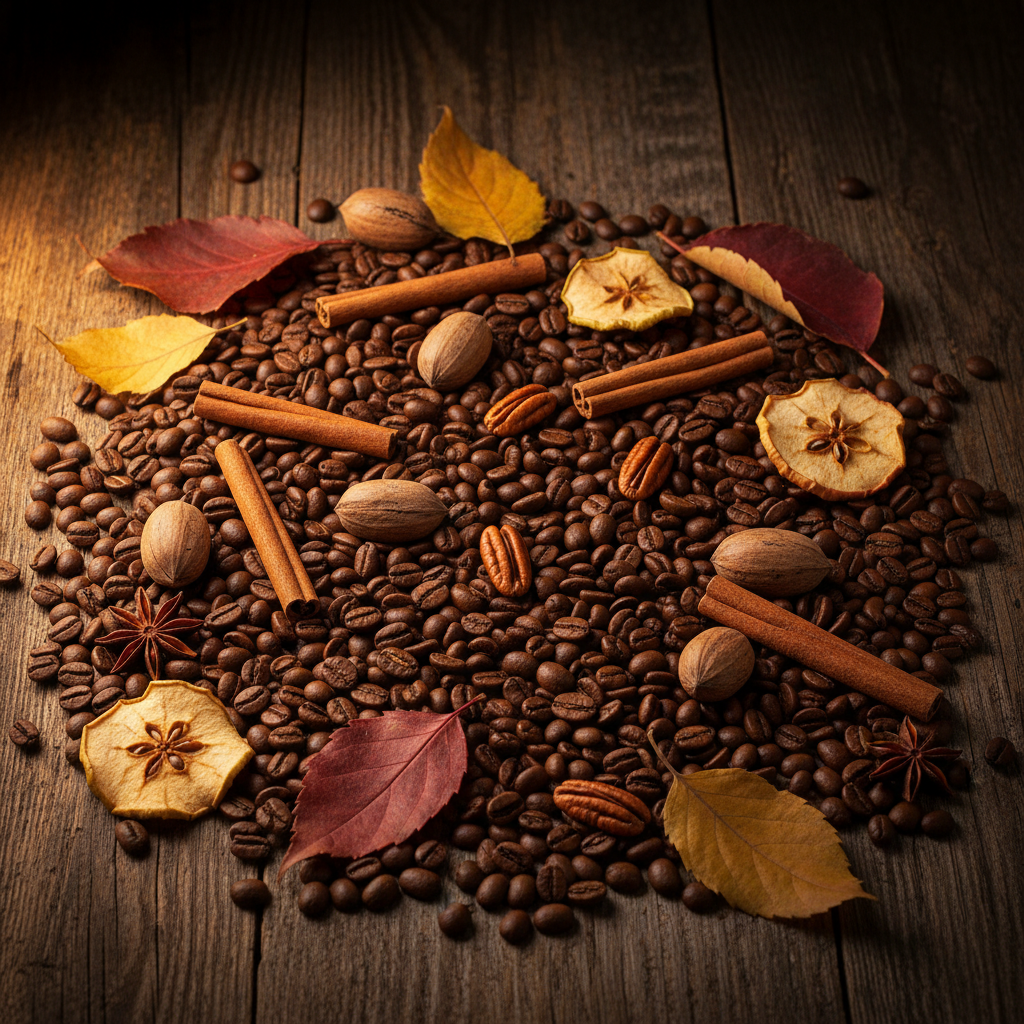 Coffee beans with cinnamon sticks, leaves, and dried fruit pieces