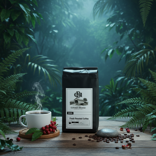 Fresh roasted coffee bag on table, black bag with Covered Bridge label