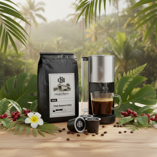 Coffee brewing set with coffee bag, brewer, and cup with brewed coffee