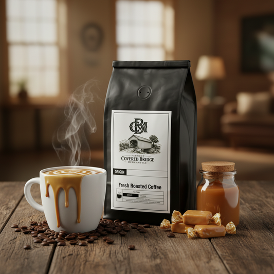 Caramel coffee bag with cup of caramel-topped coffee and amber syrup bottle on table