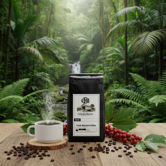 Fresh roasted coffee bag, black with Covered Bridge label