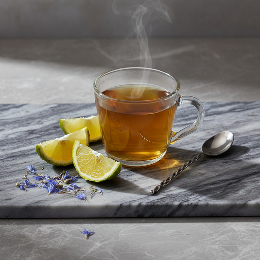 Hot Earl Grey tea in glass mug with lemon wedges and lavender sprigs