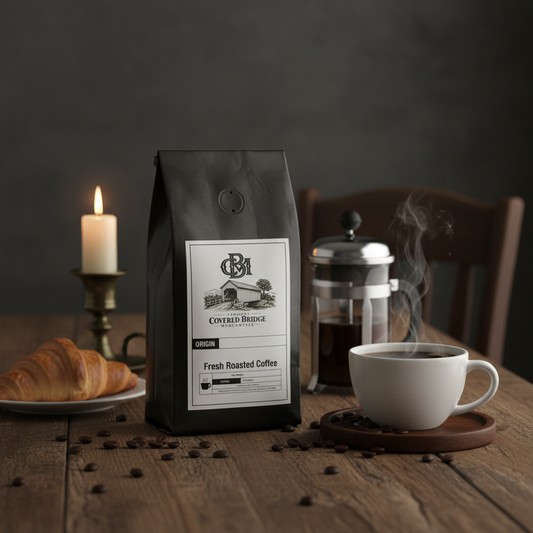 French roast coffee bag with front label and round seal, standing on table.