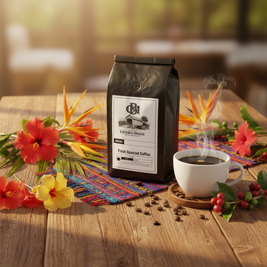 Coffee bag with Fresh Roasted Coffee label beside a white cup