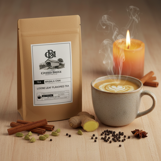 Masala chai loose leaf tea pouch with brewed cup and visible spices