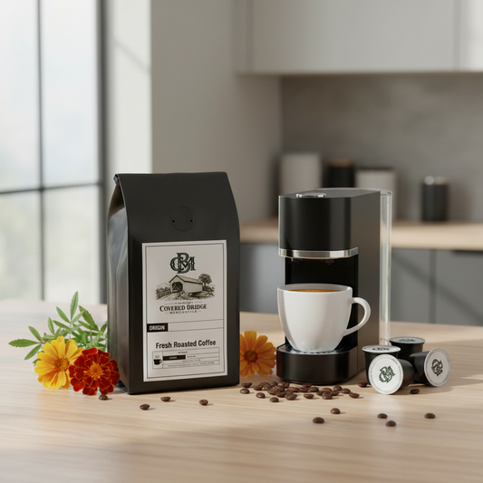 Coffee maker with white cup, coffee pods, and black coffee bag on countertop