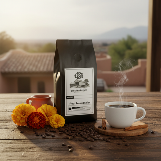 Fresh roasted coffee bag standing on wooden board with coffee cup nearby