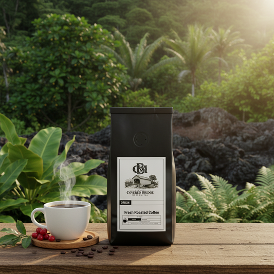Fresh roasted coffee bag with white cup and visible beans on wooden board.