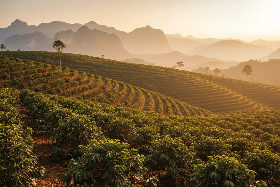 Lush coffee farm hillside with rows of coffee plants and red cherries, misty mountains in the background
