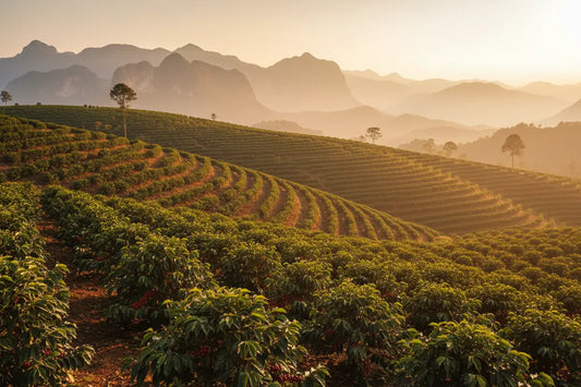 Lush coffee farm hillside with rows of coffee plants and red cherries, misty mountains in the background