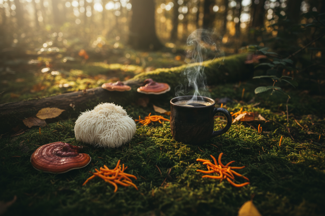 Mushroom coffee blend in a ceramic, steaming mug with lion's mane, reishi, and cordyceps on a forest floor background
