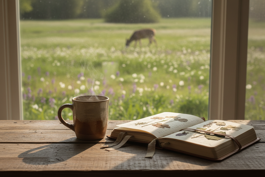 A steaming ceramic mug on a worn wooden table beside an open journal with wildflowers, a soft Vermont spring meadow with a grazing deer visible through the window