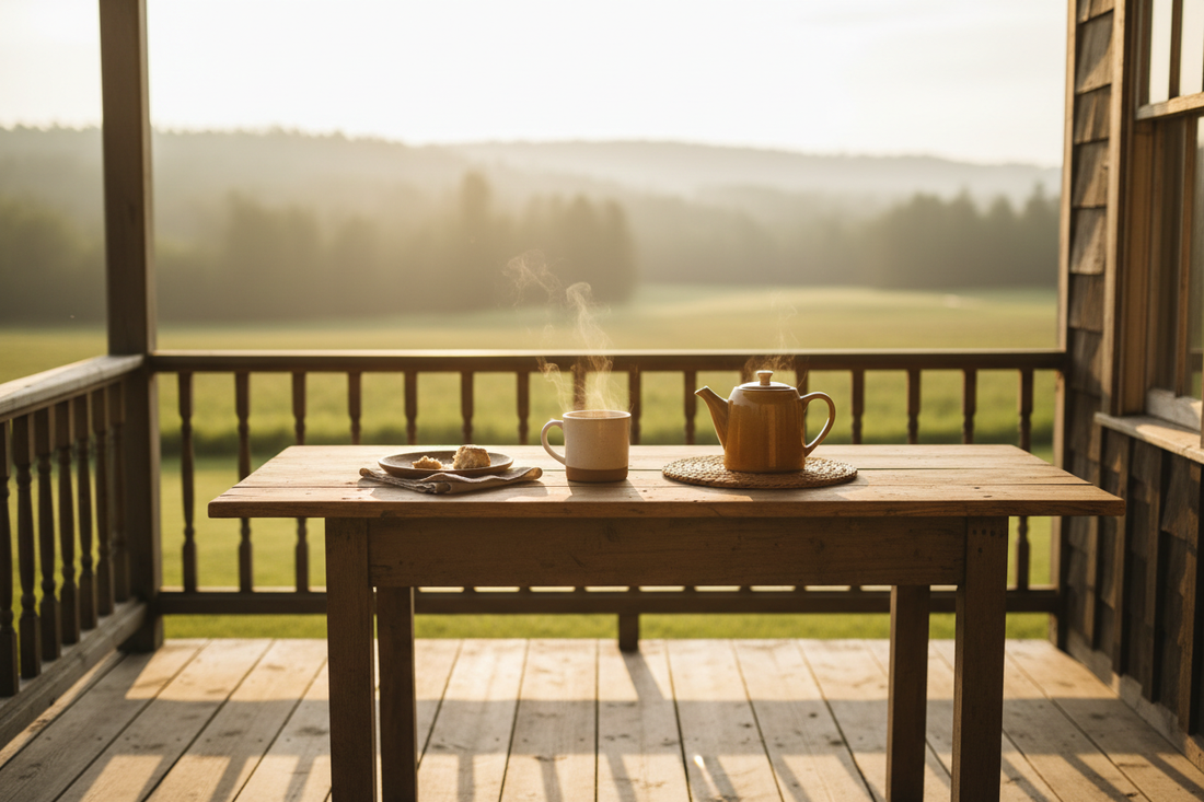 A steaming mug of coffee and ceramic teapot on a rustic farmhouse porch table with a Vermont landscape at golden hour