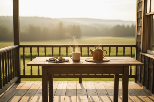 A steaming mug of coffee and ceramic teapot on a rustic farmhouse porch table with a Vermont landscape at golden hour