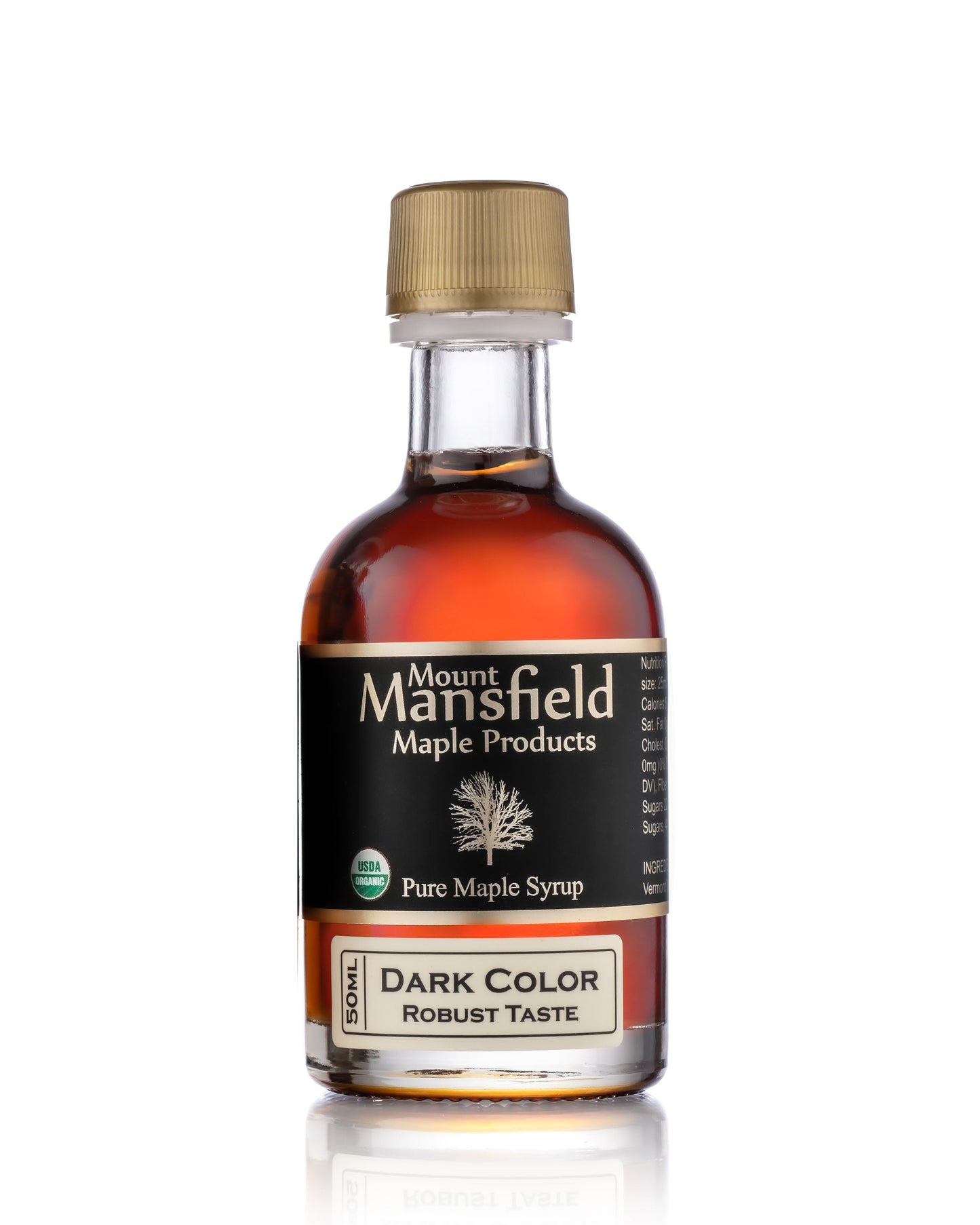 Dark color maple syrup bottle with gold cap, 'Robust Taste' label