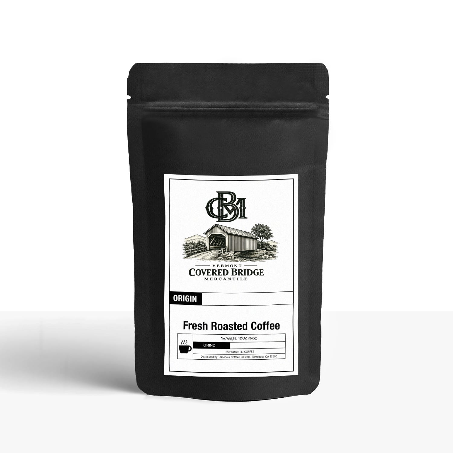 Black coffee bag with front label and resealable top, Covered Bridge logo