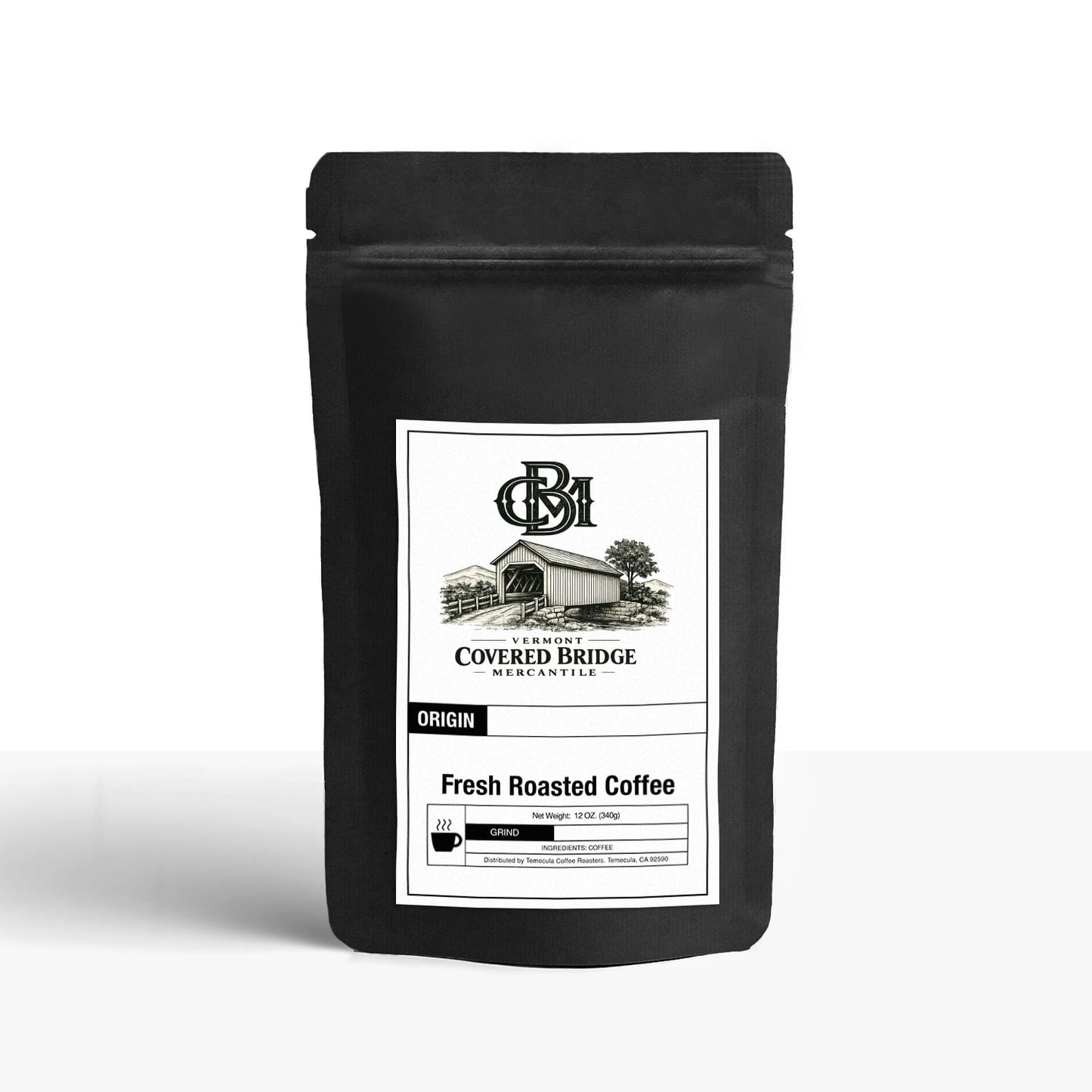 Black coffee bag with front label for fresh roasted coffee and grind option.