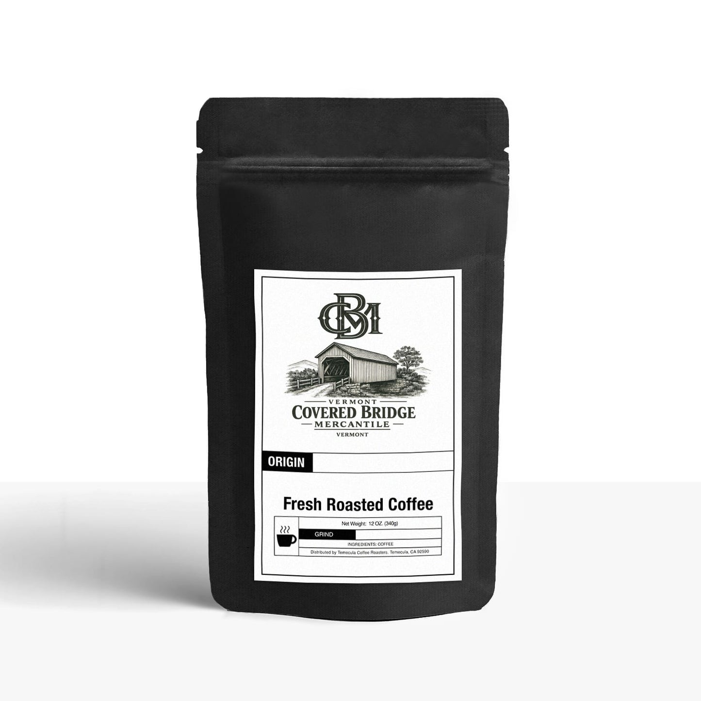Cold brew coffee bag, black stand-up pouch with front roast coffee label