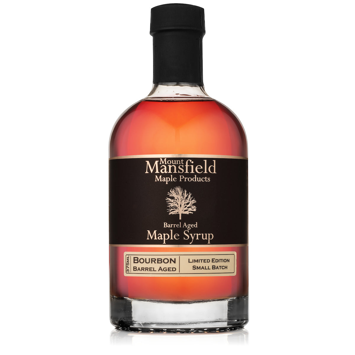 Bourbon barrel-aged maple syrup bottle, black label, amber glass, black cap