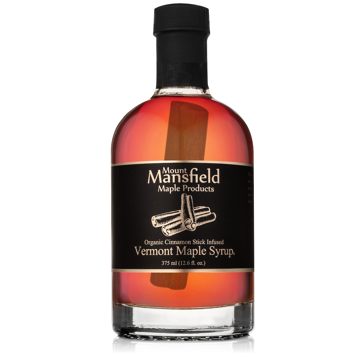 Mount Mansfield organic cinnamon stick infused Vermont maple syrup bottle with black cap.