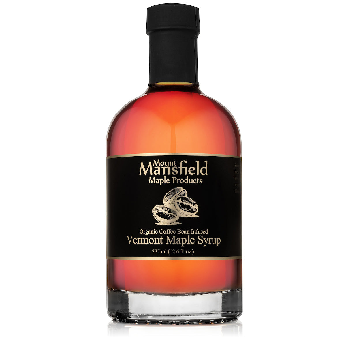 Coffee-infused maple syrup bottle with dark cap; Mount Mansfield Maple Products label