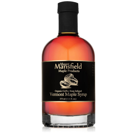 Coffee-infused maple syrup bottle with dark cap; Mount Mansfield Maple Products label
