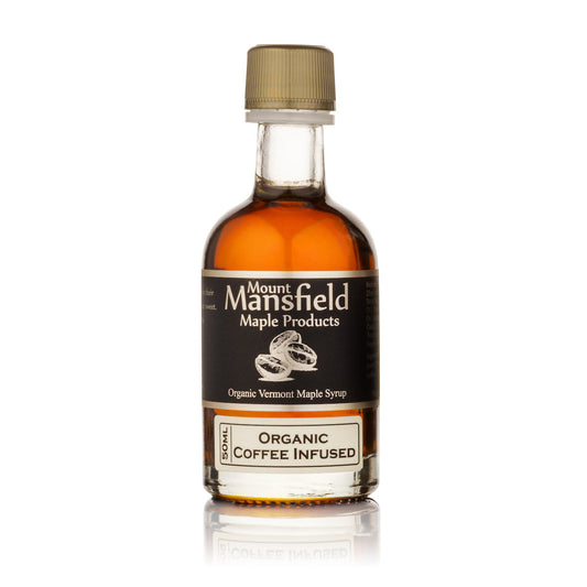 Organic coffee-infused maple syrup bottle with light cap; Mount Mansfield Maple Products
