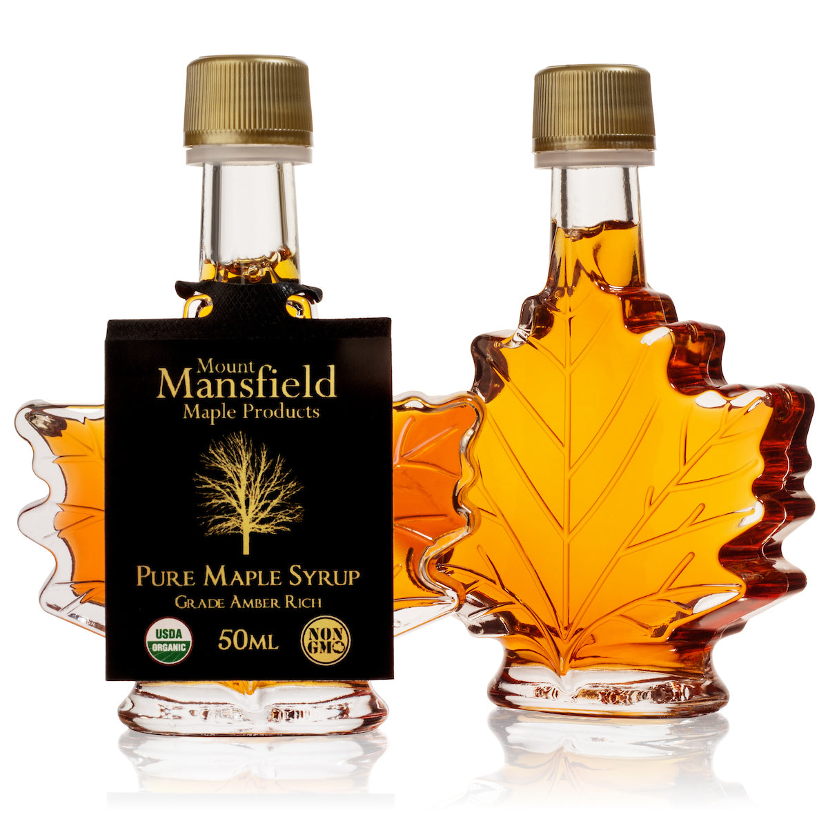 Set of maple leaf-shaped amber syrup bottles, gold caps, black labels, 50 mL