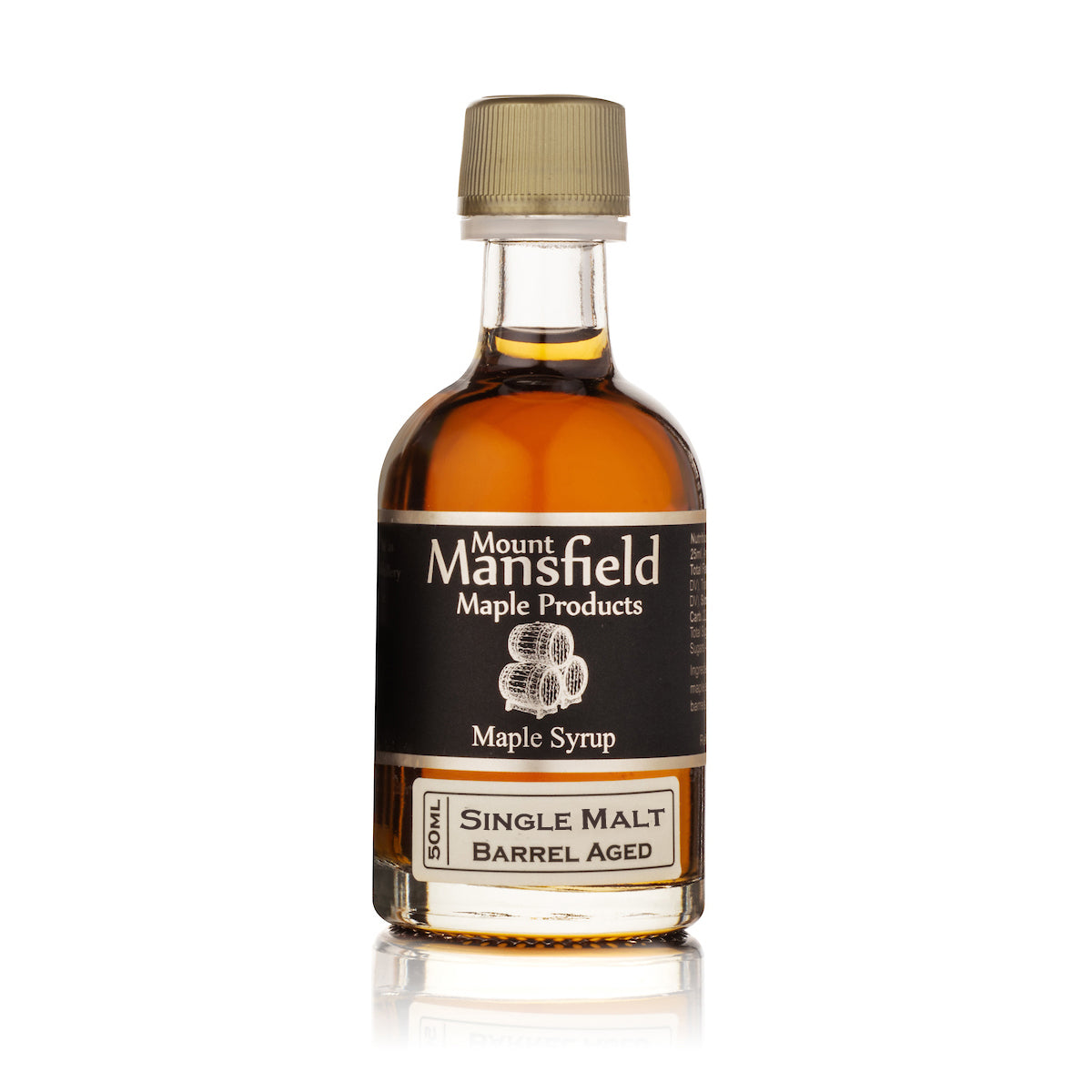 Single-malt barrel-aged maple syrup bottle with tan cap and Mount Mansfield label