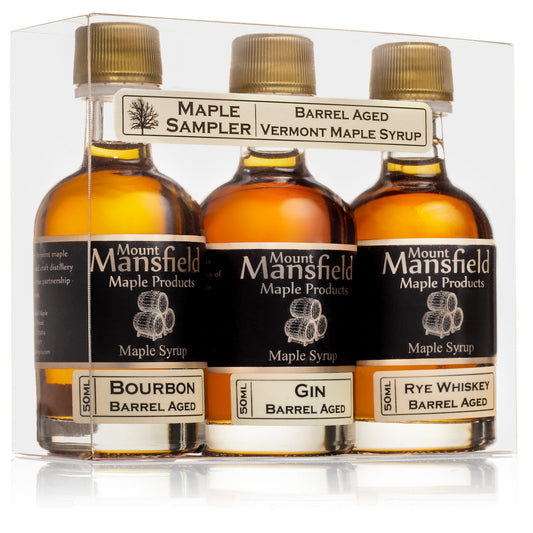 Mount Mansfield maple syrup sampler set with three barrel aged bottles in display tray