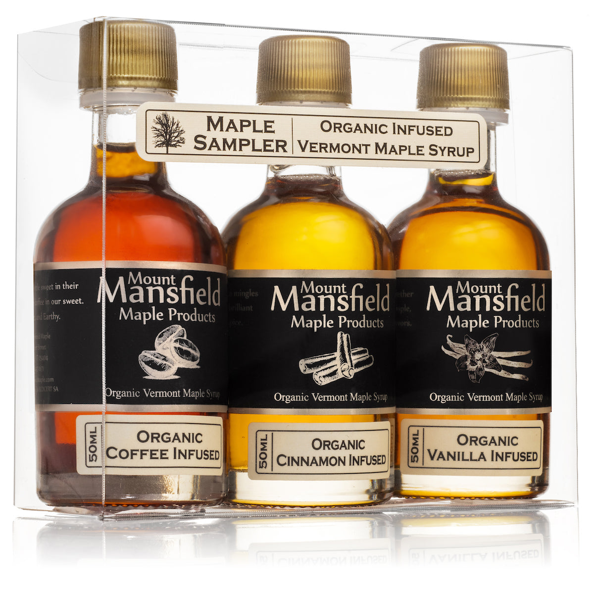 3-pack organic maple syrup sampler bottles with coffee, cinnamon, and vanilla infused labels
