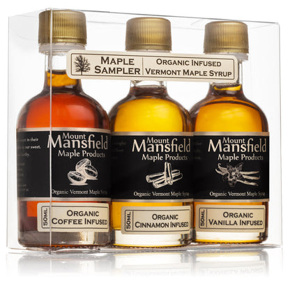 3-pack organic maple syrup sampler bottles with coffee, cinnamon, and vanilla infused labels