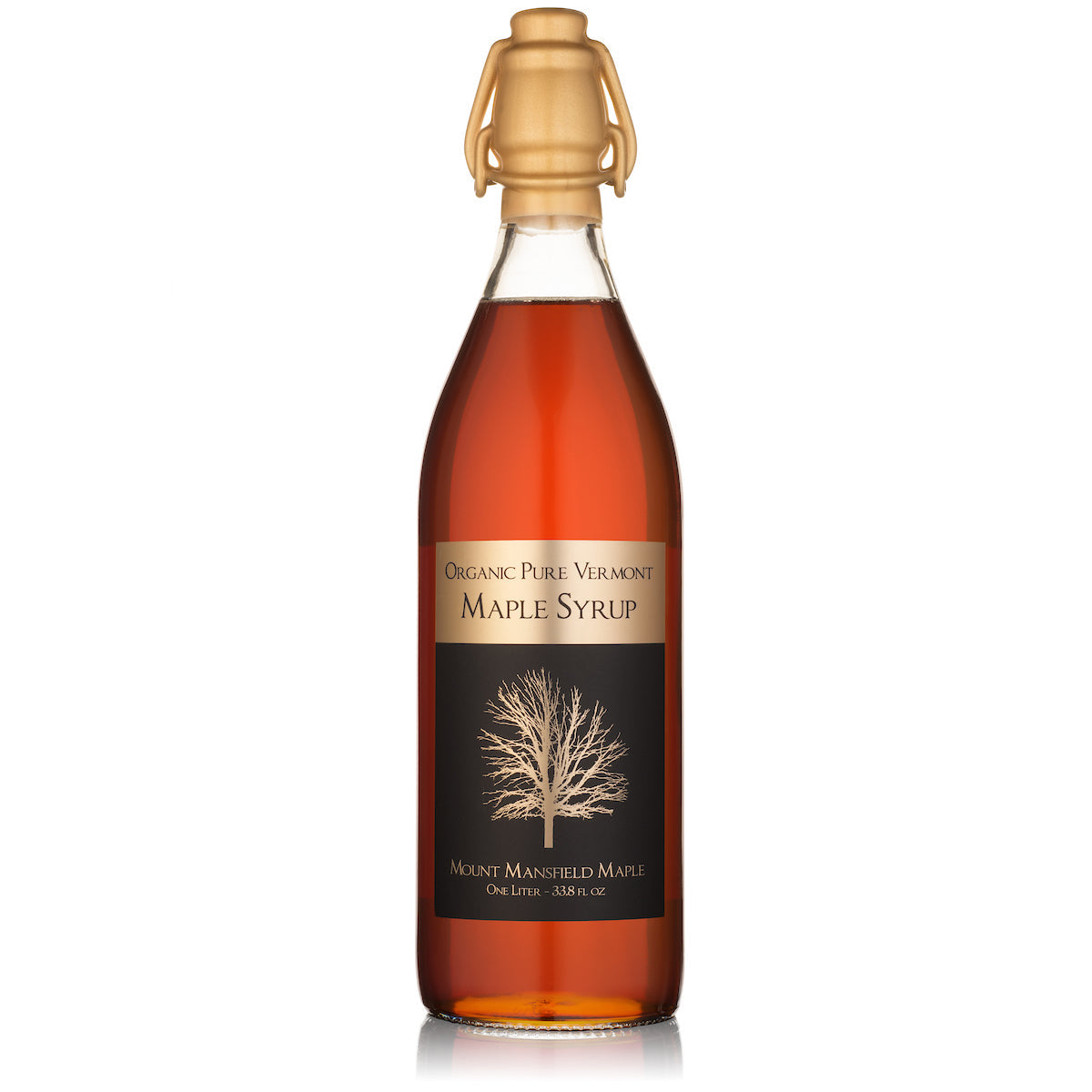 1-liter glass maple syrup bottle with amber liquid and tan swing-top cap