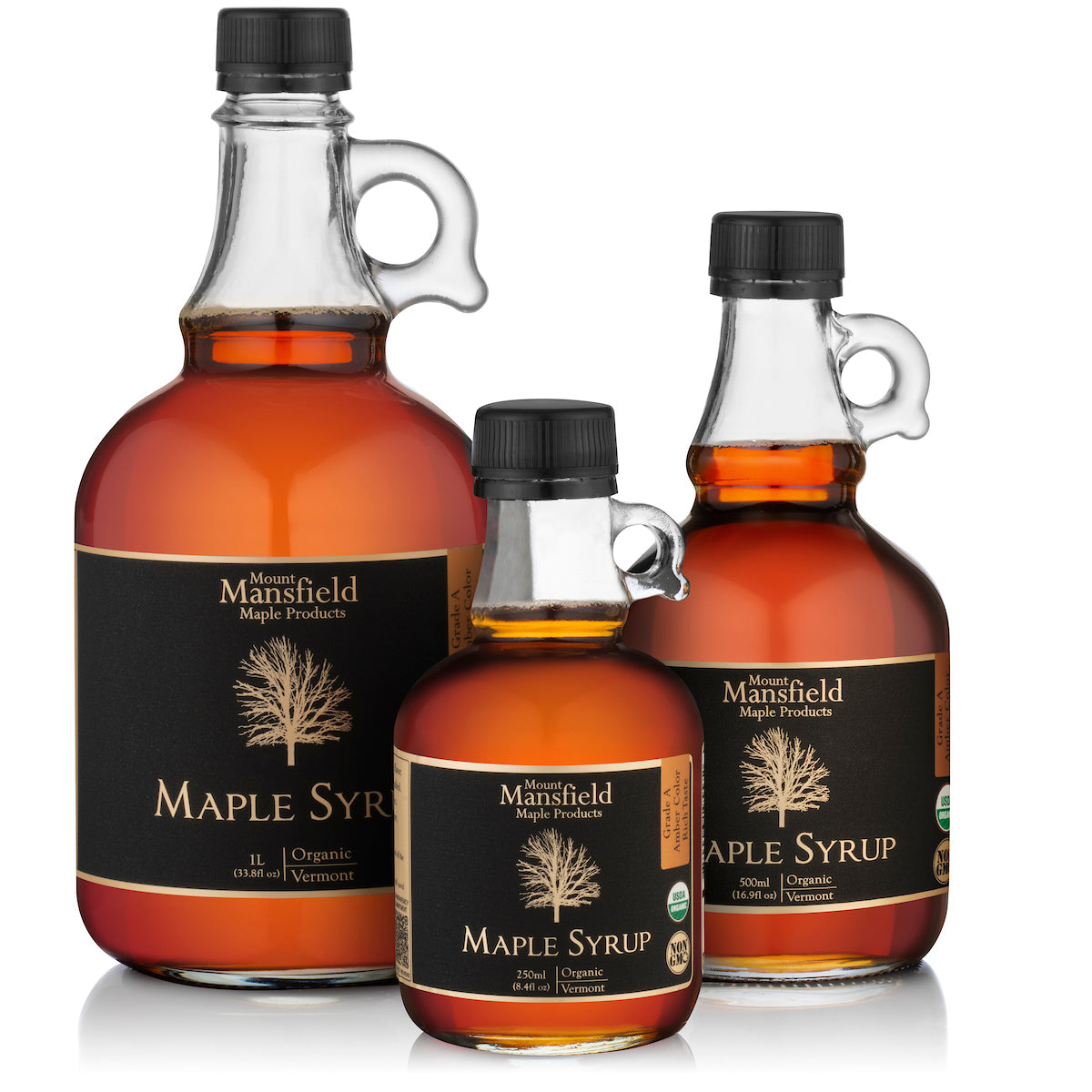 Organic Vermont maple syrup glass jug, amber syrup bottles with black caps and loop handles