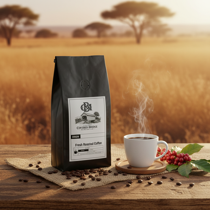 Black coffee bag with label beside white cup and coffee beans.
