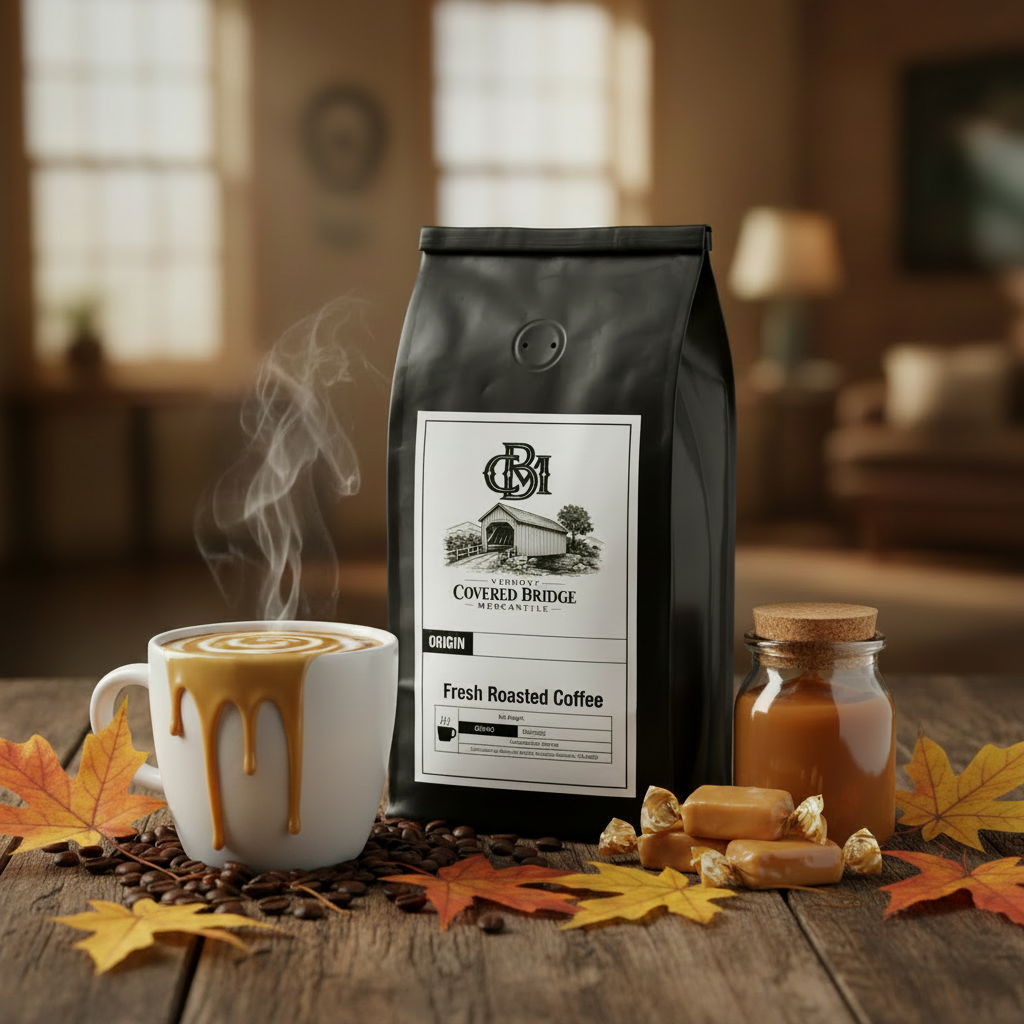 Caramel roasted coffee bag with mug, caramel jar, and autumn leaves on tabletop
