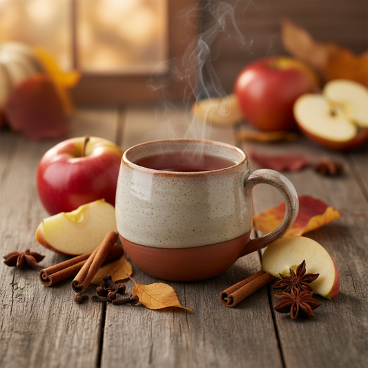 Apple cider rooibos tea in ceramic cup with cinnamon sticks and apple slices