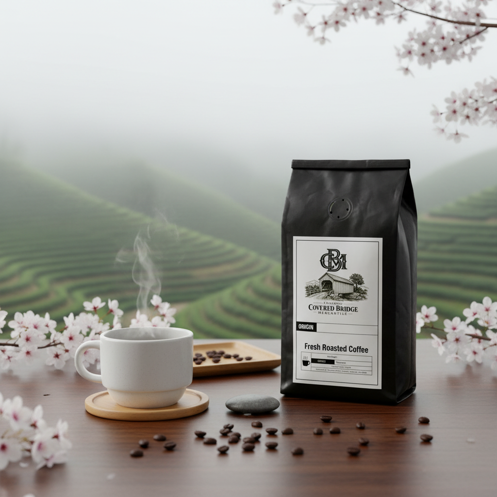 Coffee bag with white label standing beside a cup, black pouch
