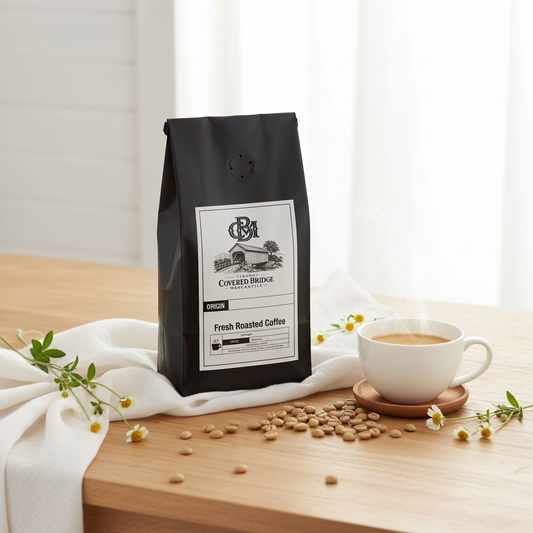 Black coffee bag standing with Covered Bridge label and nearby cup