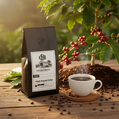 Fresh roasted coffee bag with a cup beside it and scattered coffee beans