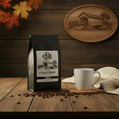 Mint roast coffee bag with a cup of coffee and mint leaves on wood table