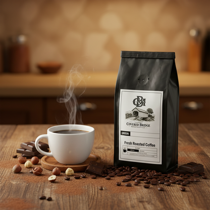 Black coffee bag standing with visible circular handle and label