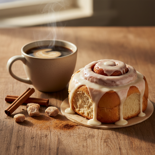 Cinnamon roll with white icing on a plate, next to a coffee mug