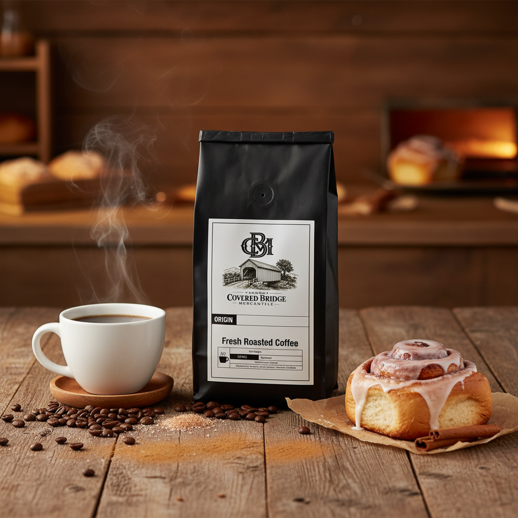 Coffee bag with logo label, placed beside a hot coffee cup and cinnamon roll