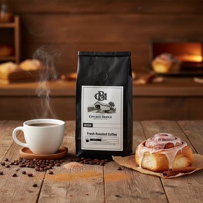 Coffee bag with logo label, placed beside a hot coffee cup and cinnamon roll