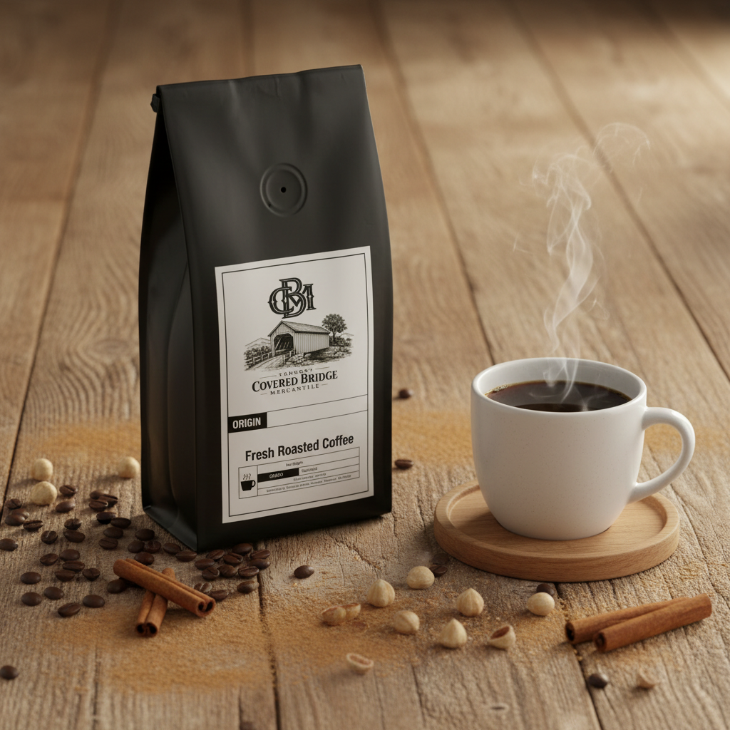 Covered Bridge coffee bag beside a steaming cup with coffee beans and cinnamon